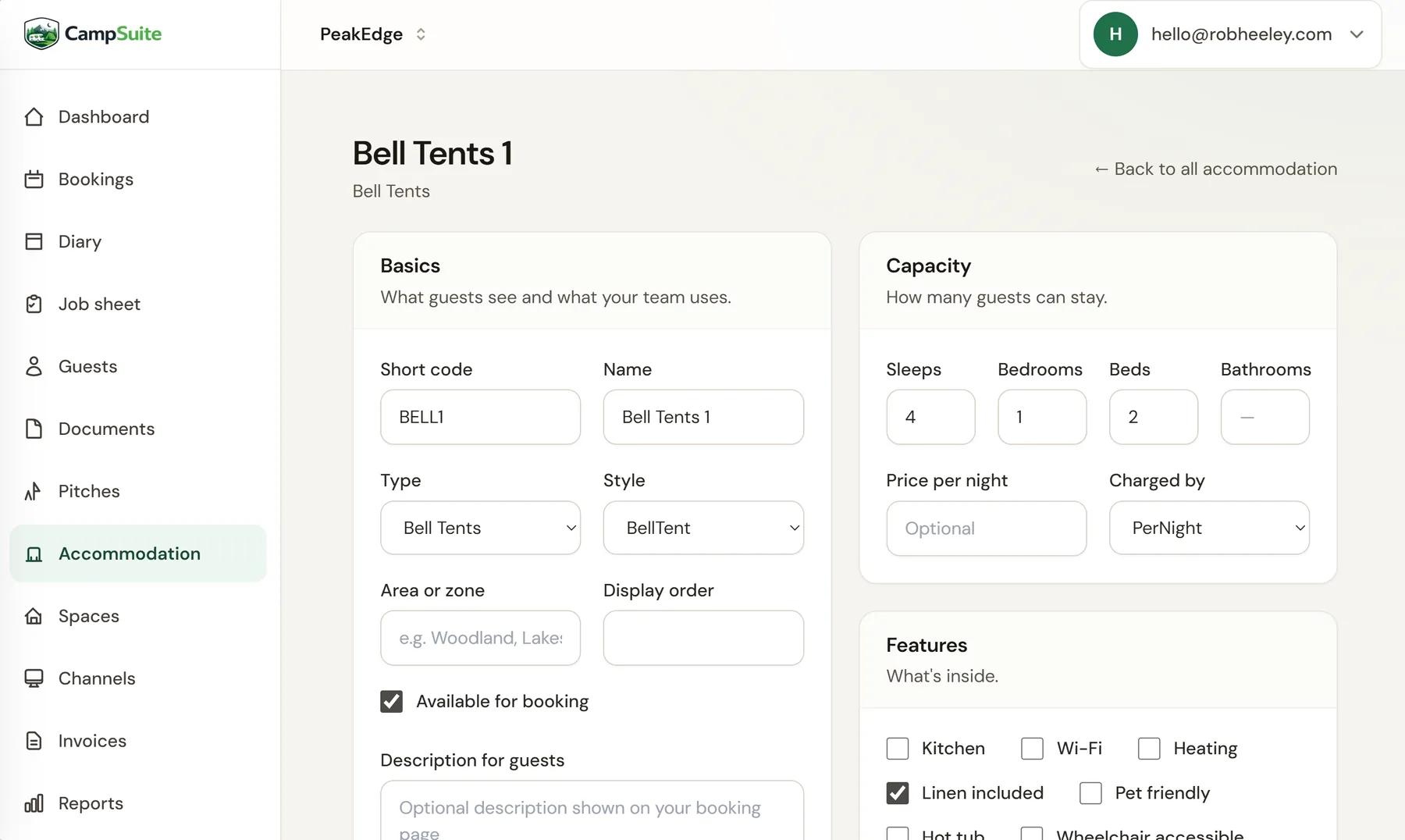CampSuite accommodation editor for a bell tent showing capacity, pricing and amenities