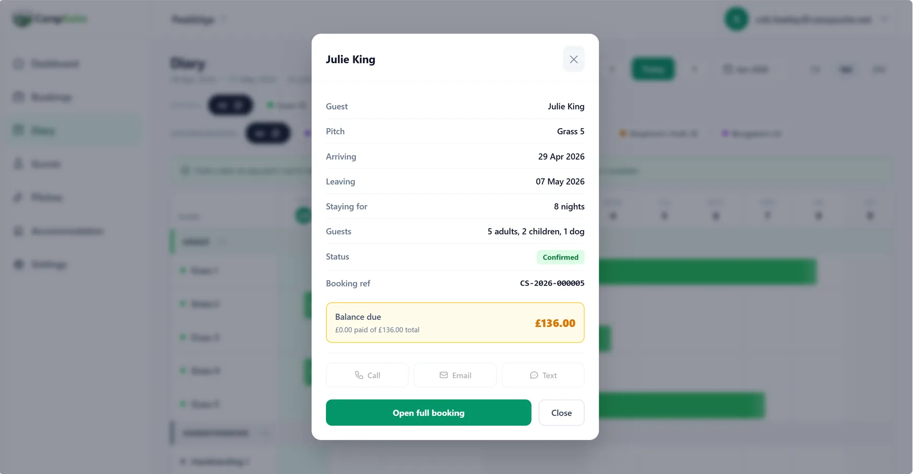 CampSuite booking details screen showing a guest's stay, pitch and balance