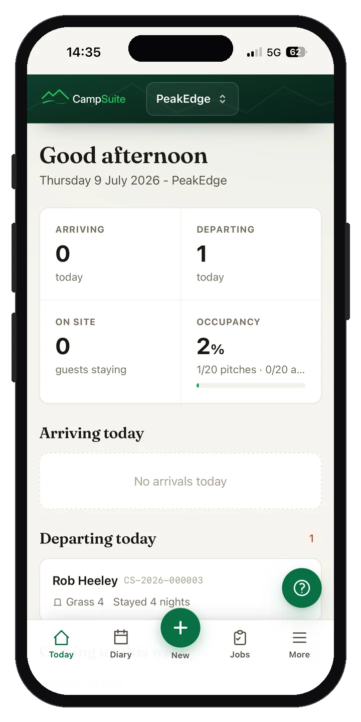 The same CampSuite dashboard on a phone, for wardens walking the park
