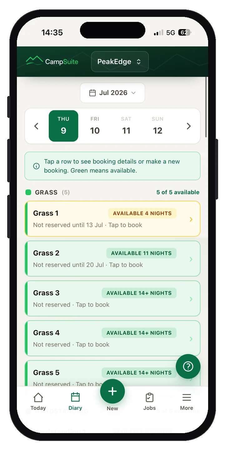 The CampSuite booking diary on a phone, showing pitches down the side and dates across the top