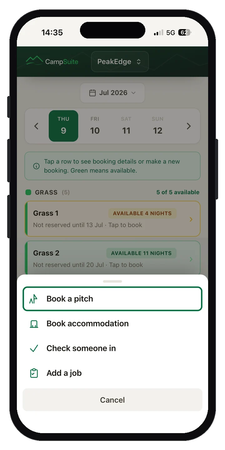 Taking a new booking on the CampSuite phone app