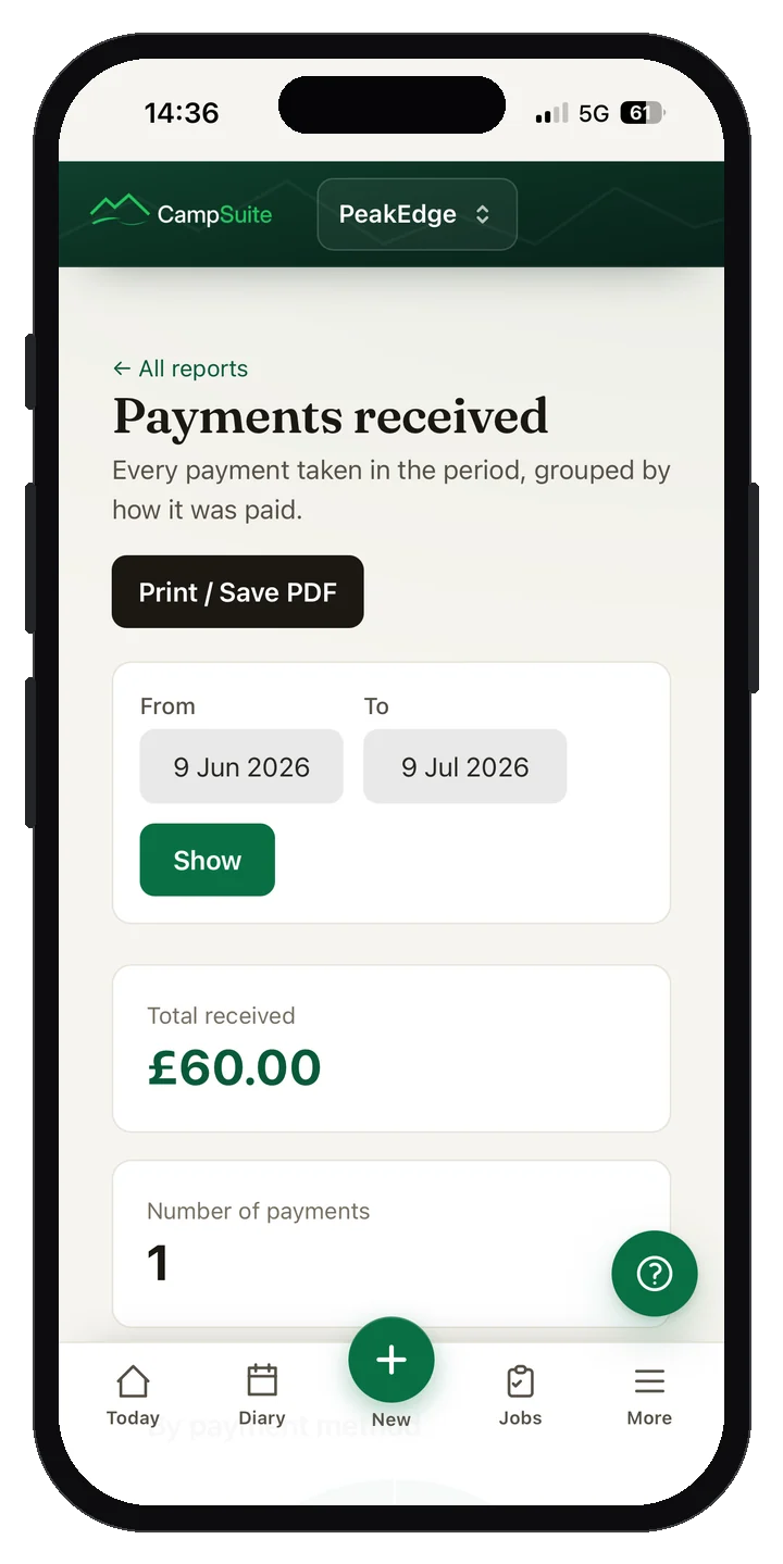 A payments received report on the CampSuite phone app
