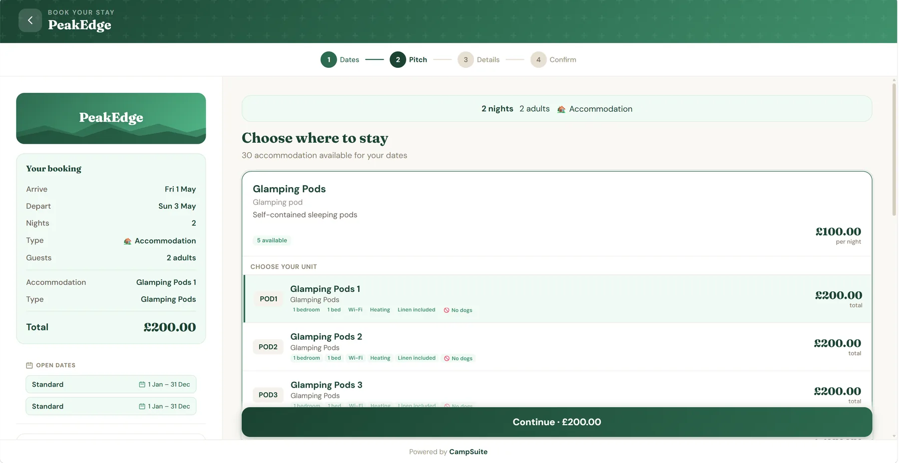 Booking step 2: choose a specific pitch with prices shown
