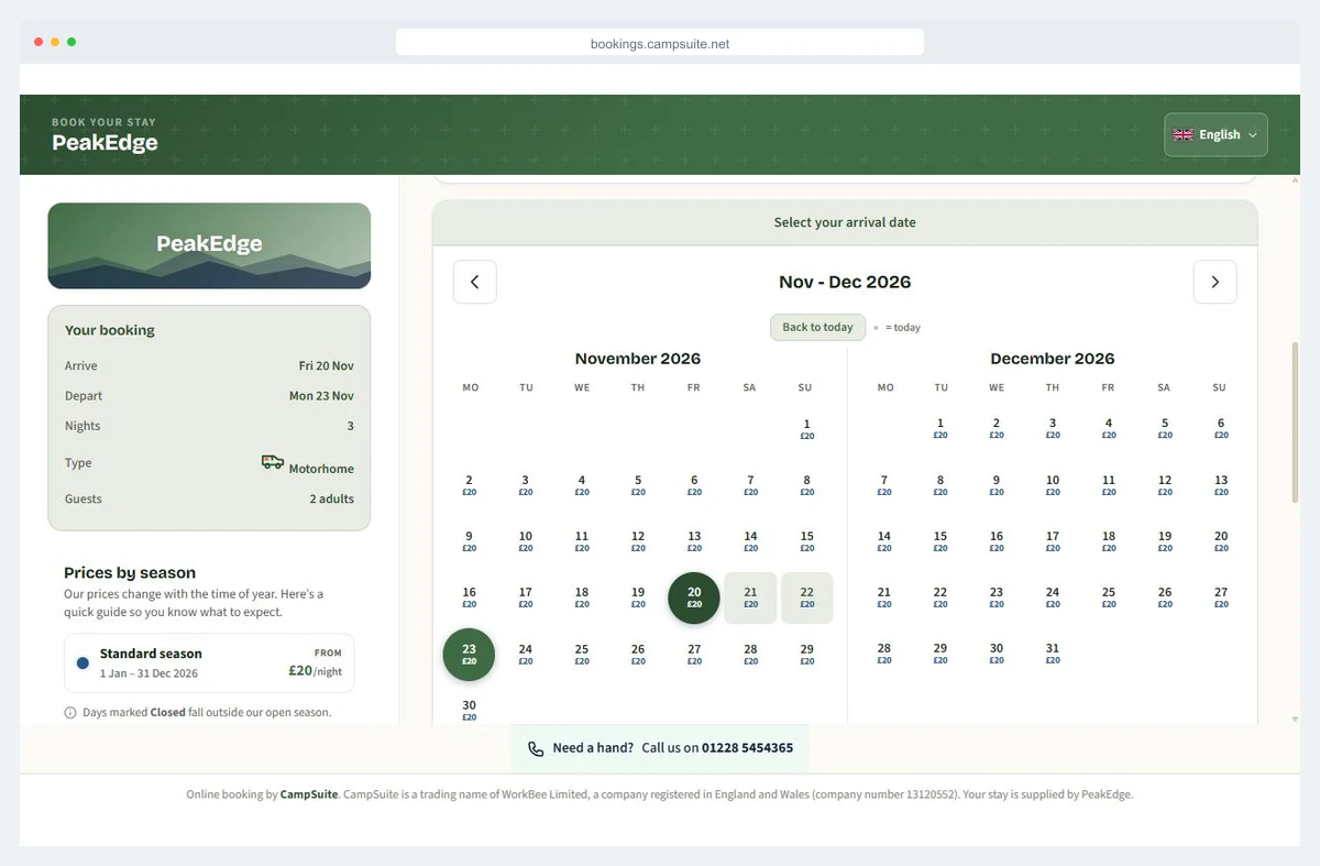 The PeakEdge booking page in the park's own colours: the stay so far on the left and a calendar with the price of each night