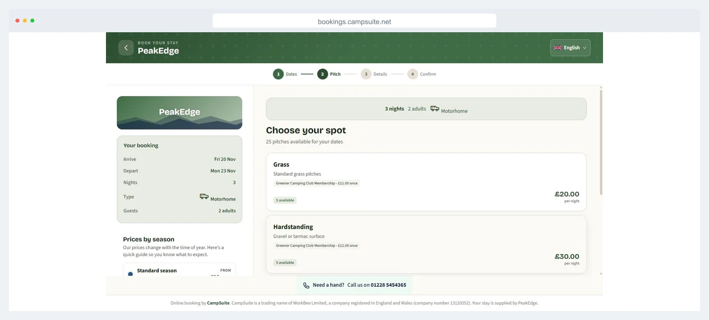 The guest booking page for the PeakEdge demo campsite, with available grass and hardstanding pitches and the price for the stay