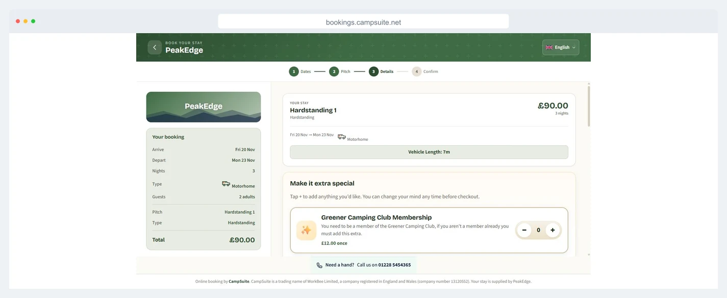 Optional extras on the CampSuite guest booking page