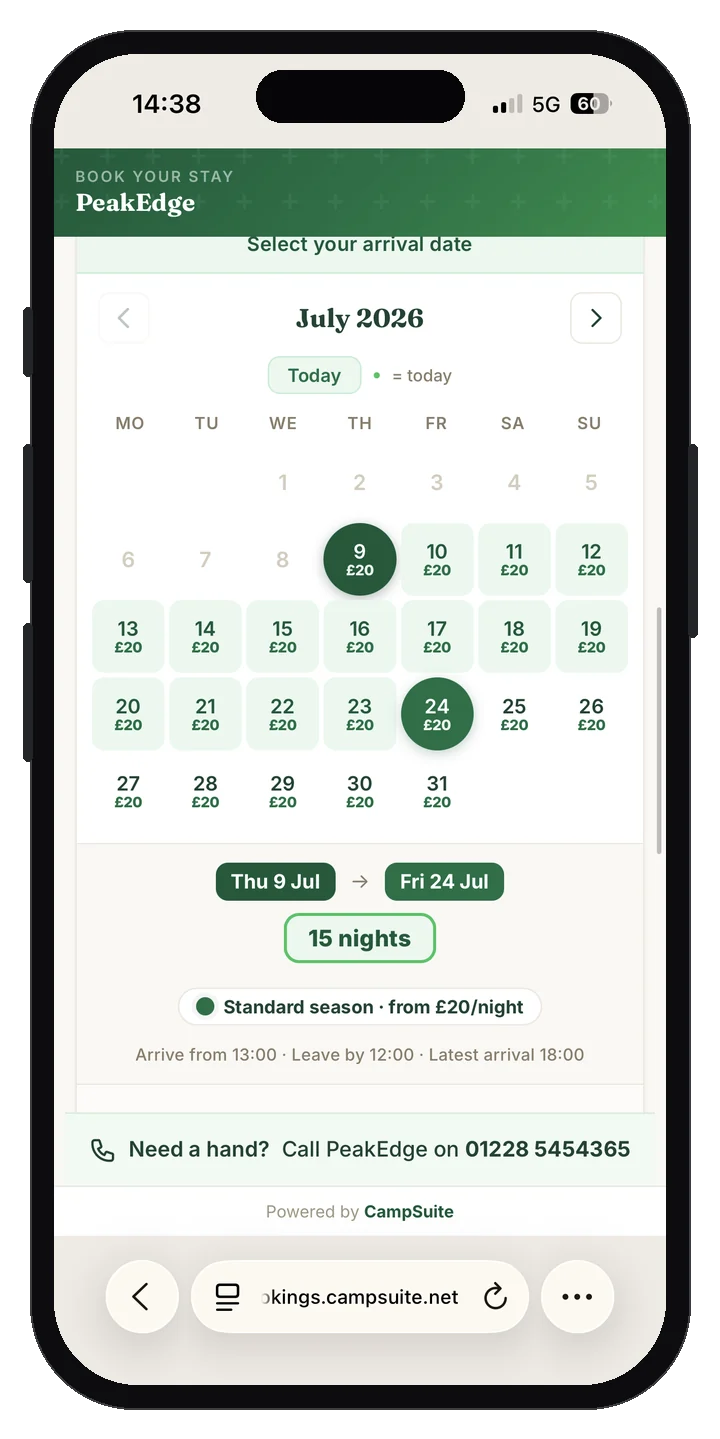 Booking step 1 on a phone: choosing arrival and departure dates on the CampSuite booking calendar