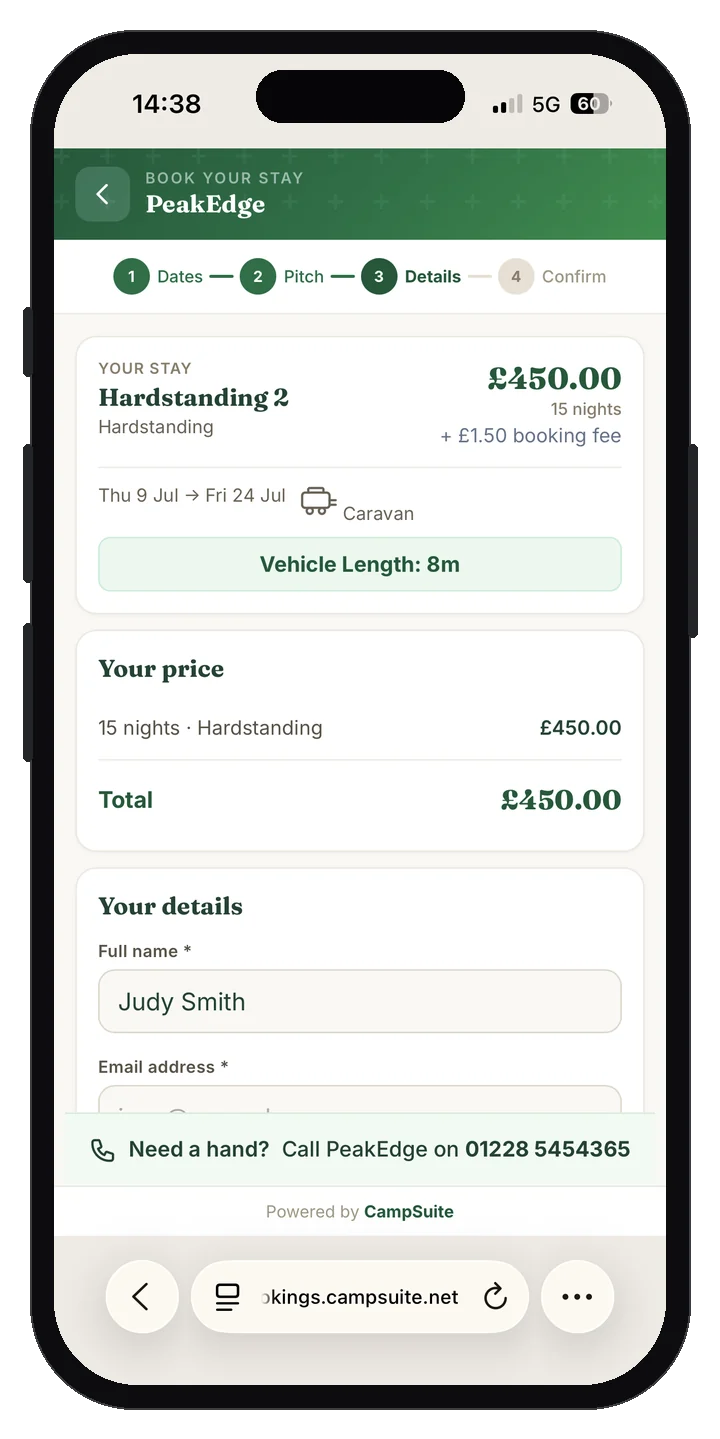 The CampSuite booking journey on a phone, designed for small screens, where a guest confirms their stay and pays
