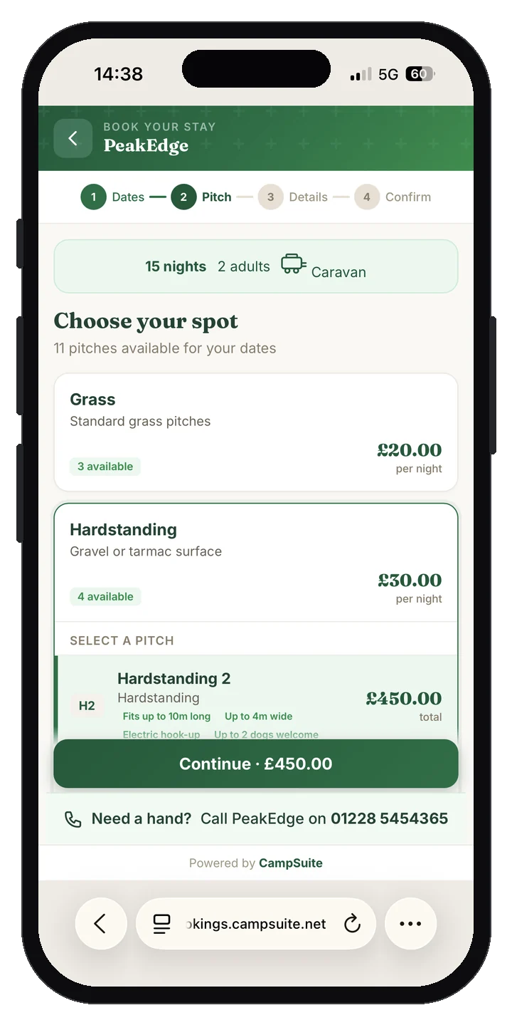Booking step 2 on a phone: choosing a specific pitch with the price for the stay shown