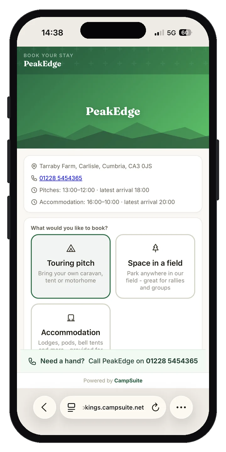 The CampSuite guest booking page on a phone, where guests choose what to book and pay
