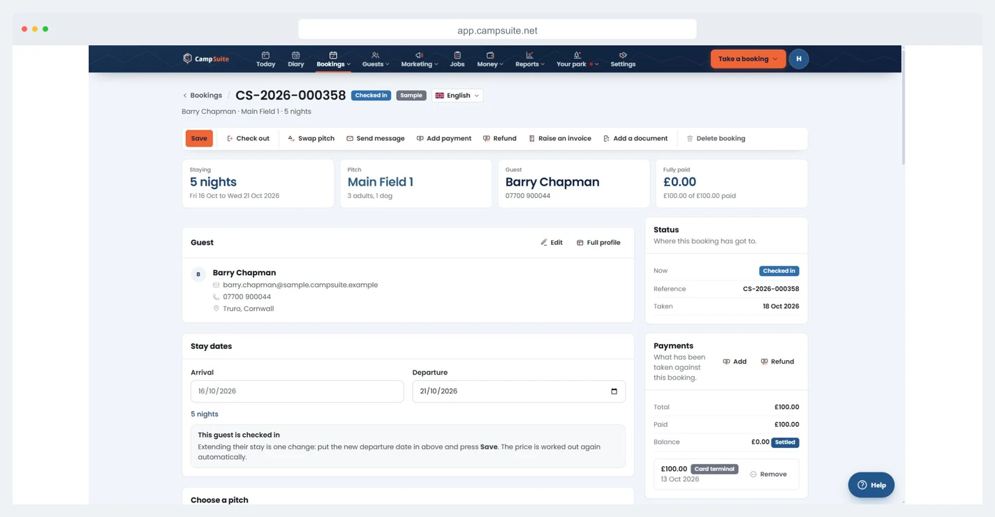 A CampSuite booking record showing dates, pitch and party details