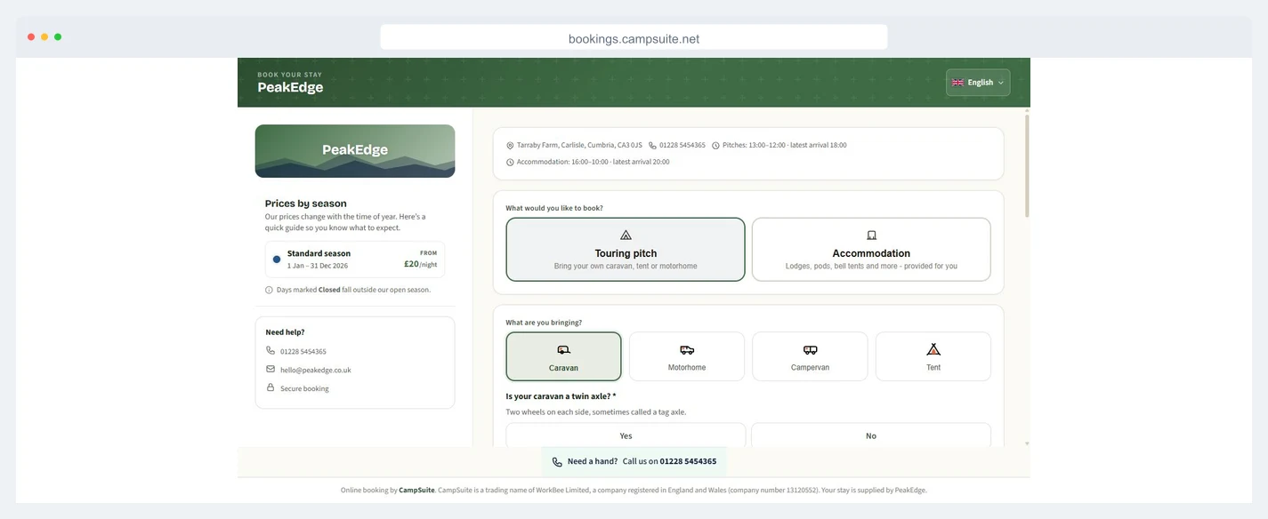 The guest booking page, where a guest chooses what to book and what they are bringing