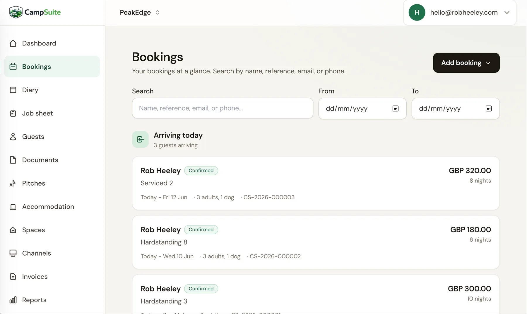 CampSuite™ caravan park availability calendar showing touring and seasonal pitches as bookable bars