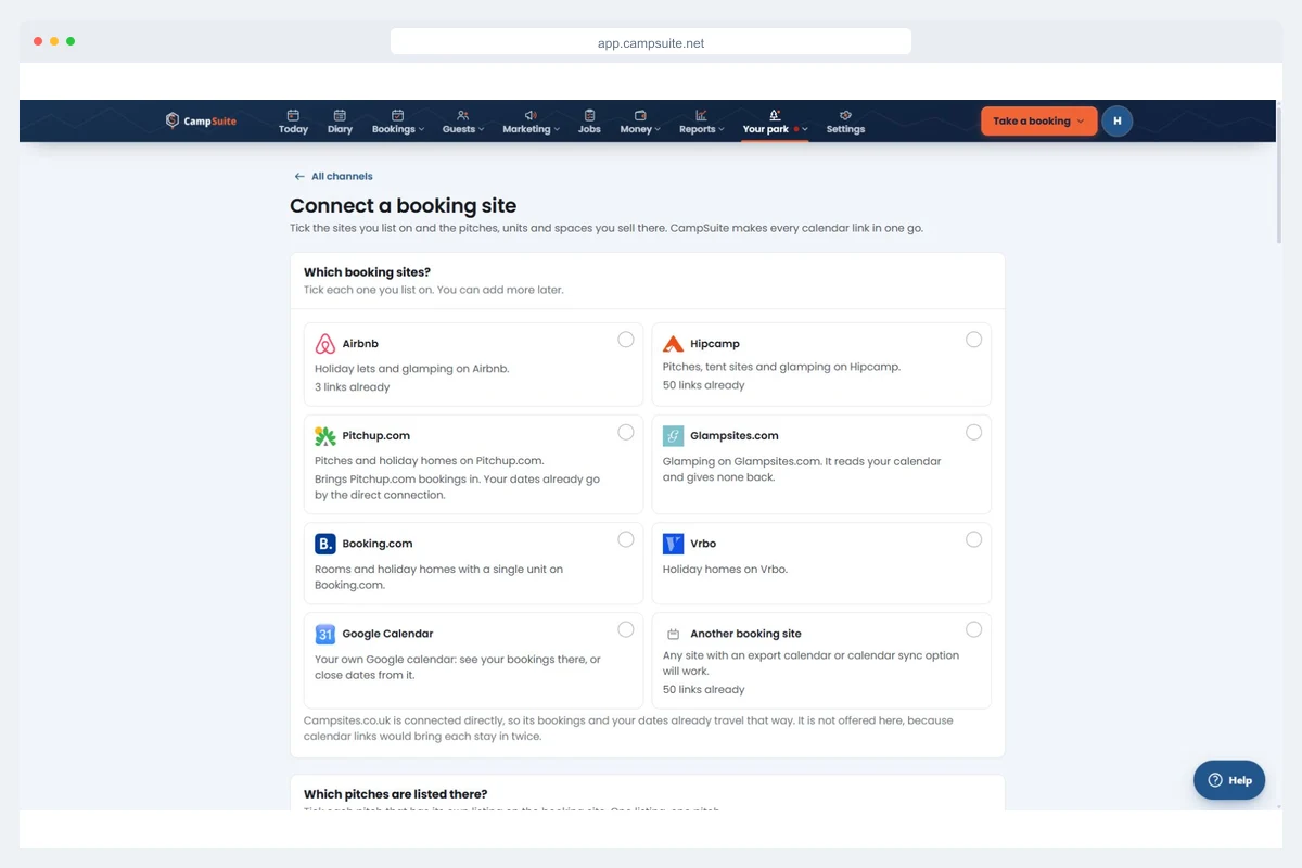 Connecting a booking site in CampSuite: tick the sites you list on, here Booking.com, then the pitches, units and spaces you sell there, and CampSuite makes every calendar link in one go