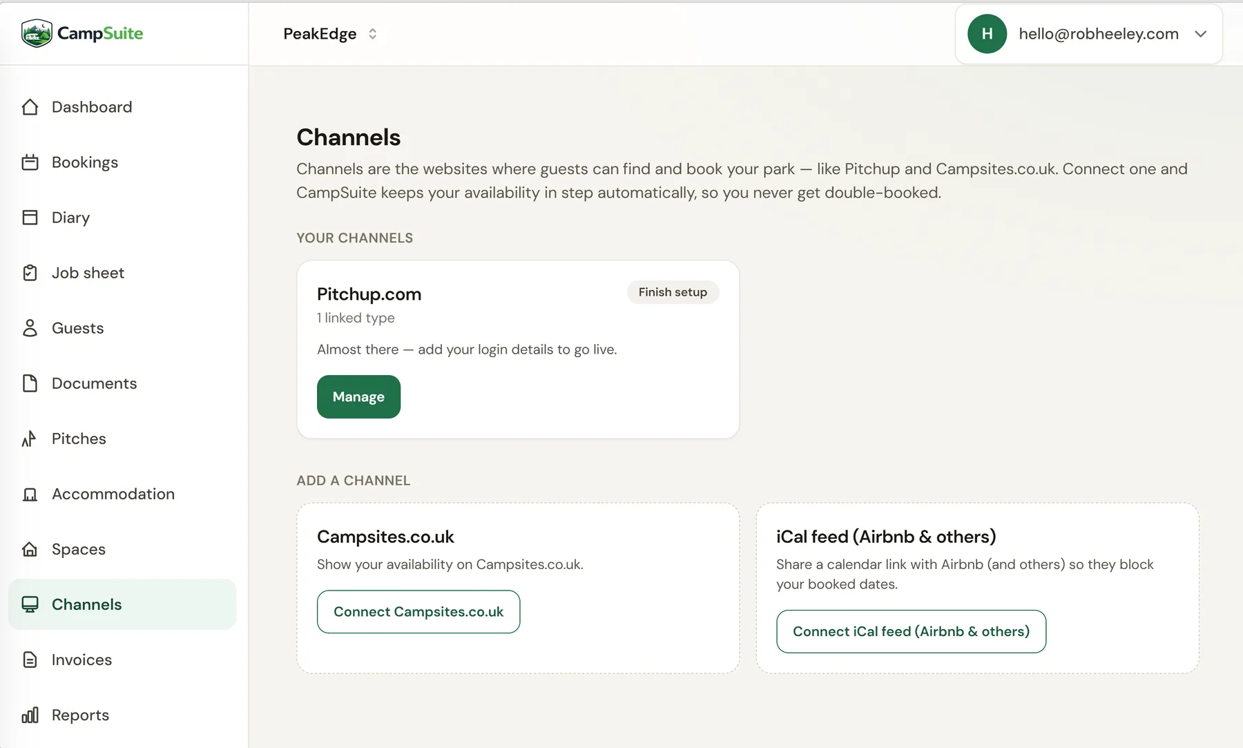 CampSuite channel manager showing Pitchup, Campsites.co.uk and iCal feed connections