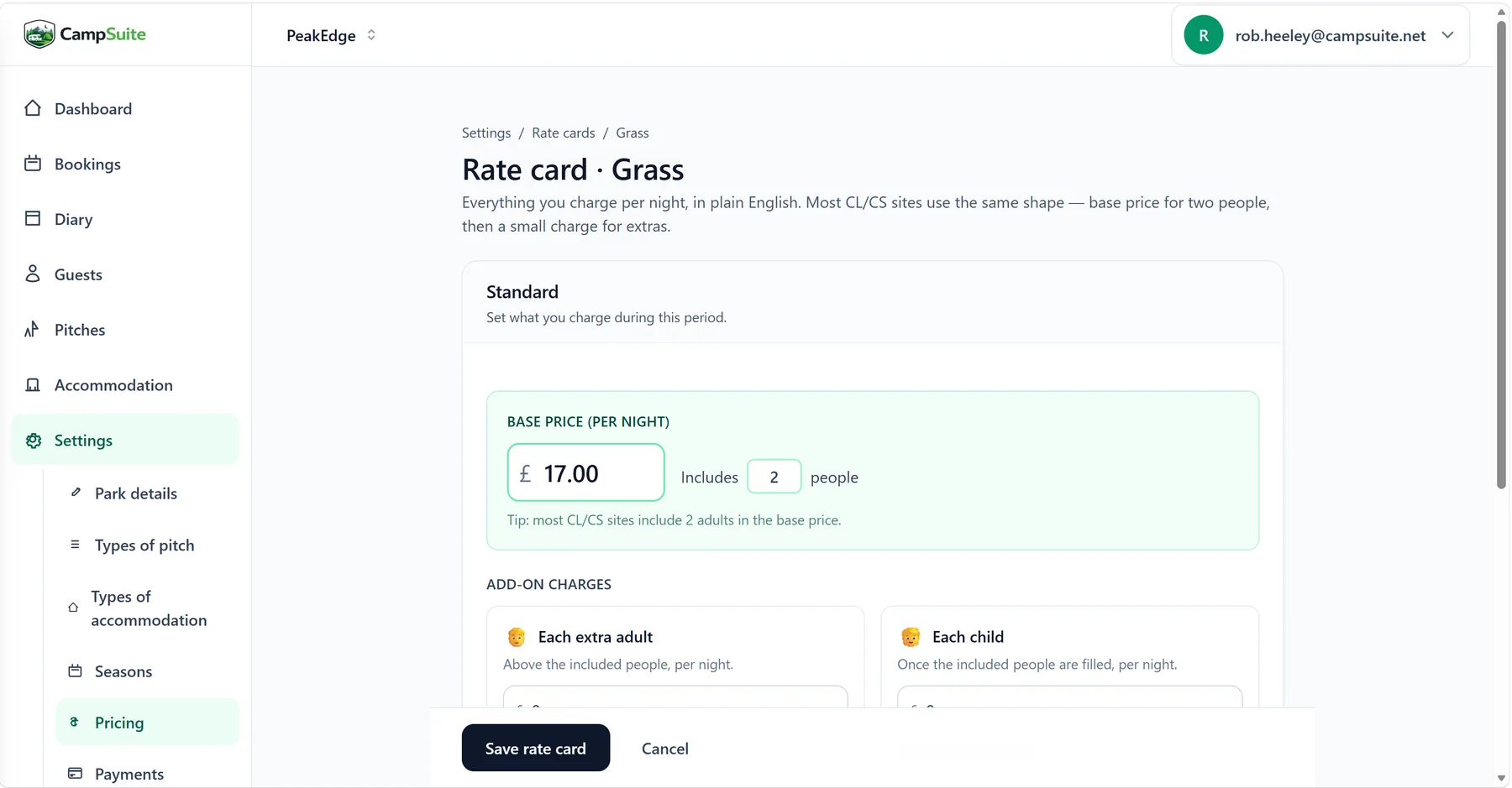CampSuite rate card screen for setting prices per pitch type and season