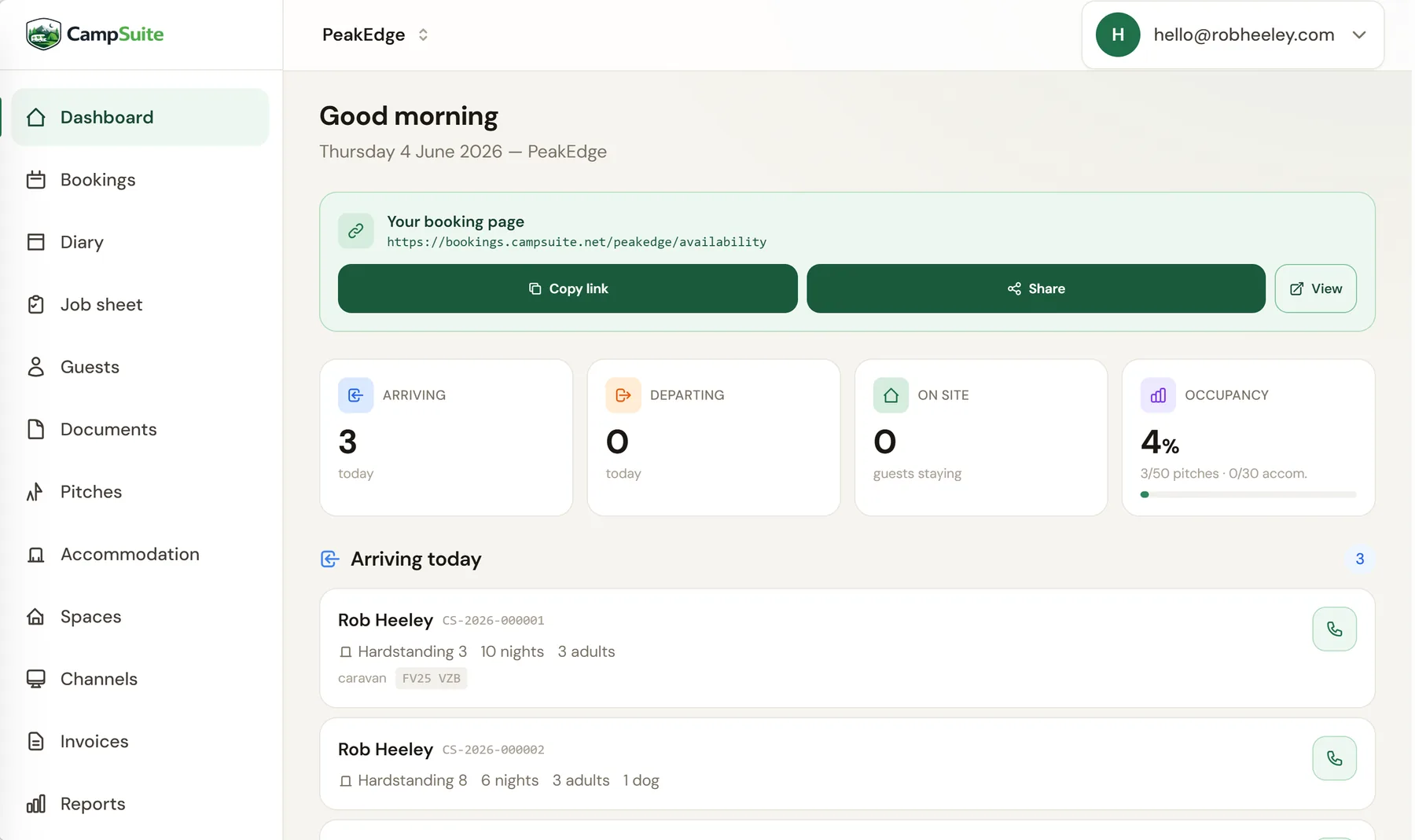 CampSuite™ holiday park management dashboard showing bookings, occupancy and revenue