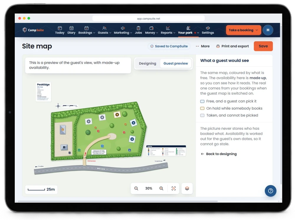 The current CampSuite guest map preview on an iPad, showing a sample park with numbered pitches and availability colours