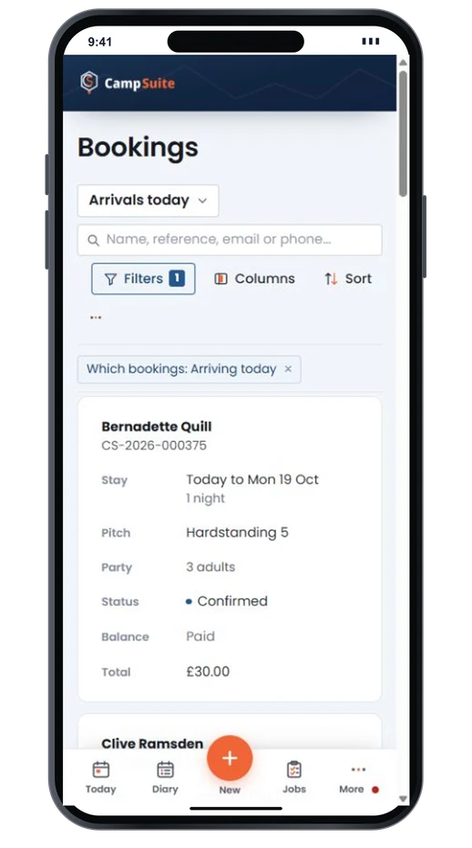 Today's arrivals on a phone: each guest with their stay, pitch, party, status and what they still owe