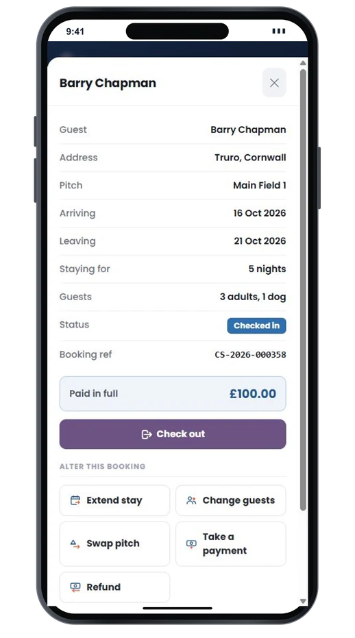 A booking on a phone showing the guest, pitch, dates, party and status, with the booking paid in full at 180 pounds