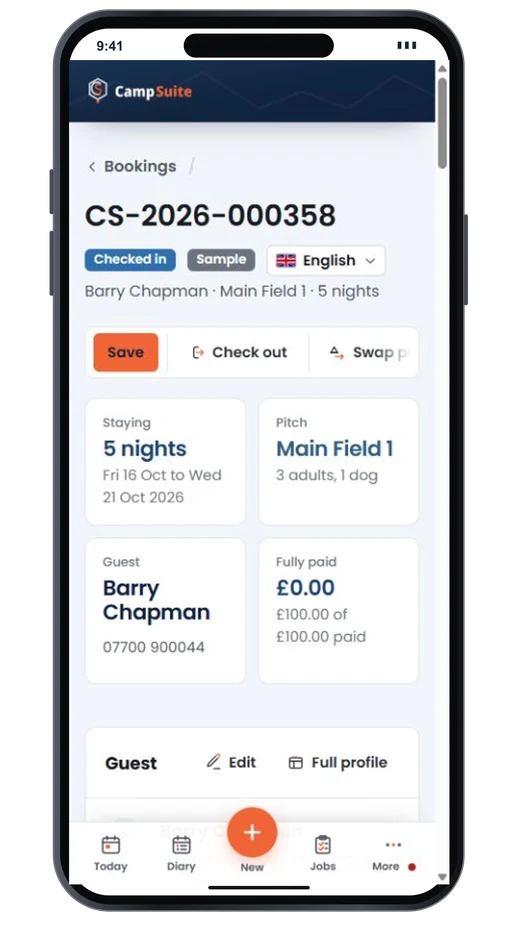 The full booking on a phone: its reference and status, a button to check out, then the nights, pitch, guest and what has been paid