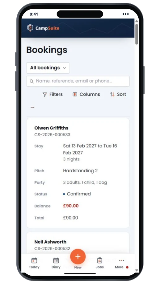 The bookings list on a phone, one card per booking with the stay, pitch, party, status and balance