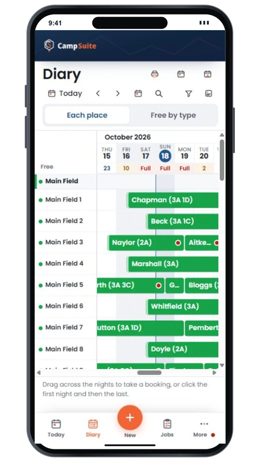 The booking diary on a phone, with the date controls and how many places are free that day