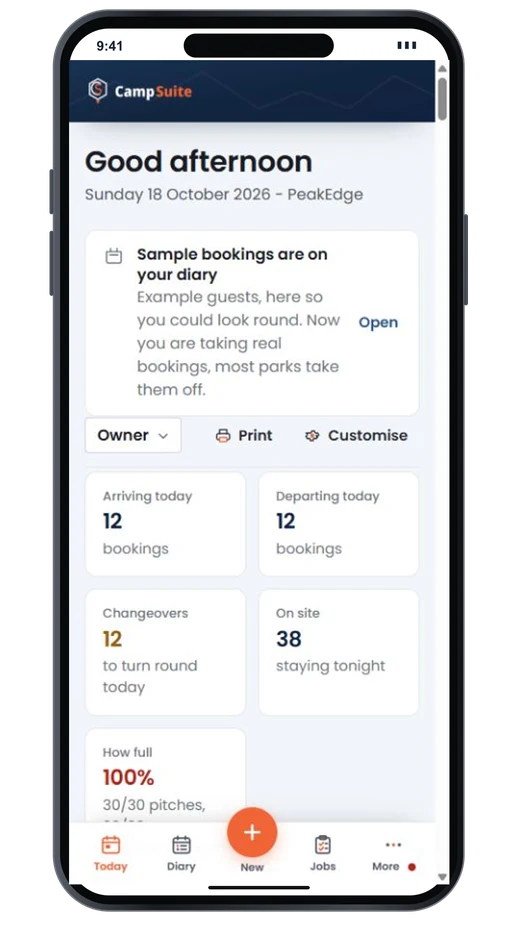 The CampSuite mobile dashboard, for running a park away from reception.