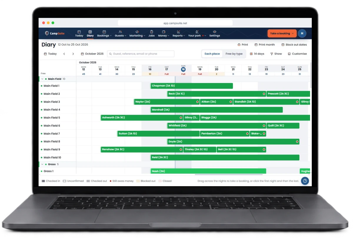 The current CampSuite diary in a Safari-style browser on a MacBook Pro, showing sample bookings with guest names, pitches and stay dates