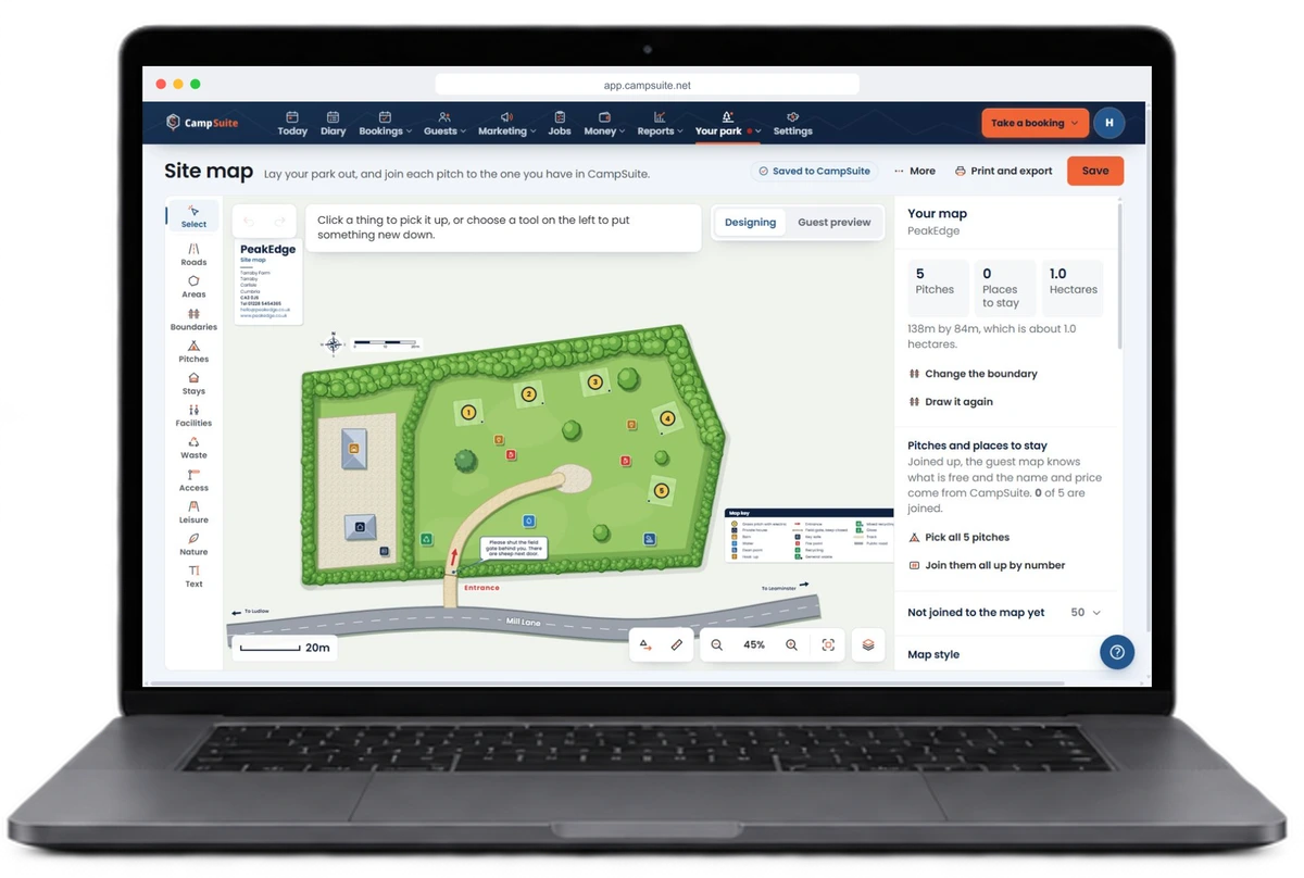 The current CampSuite site map designer in a Safari-style browser on a MacBook Pro, with a sample park, numbered pitches and drawing tools