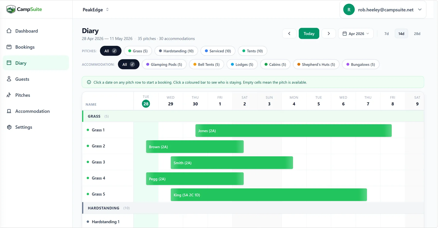 CampSuite diary view showing pitches and bookings on a calendar timeline