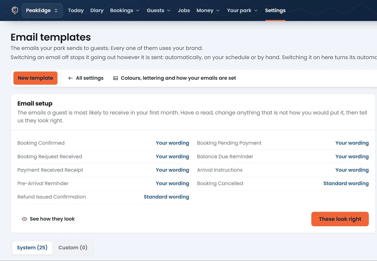 The Email templates screen in CampSuite, listing booking confirmed, balance due reminder, pre-arrival reminder, arrival instructions and the other emails a guest receives, each in your wording or the standard wording