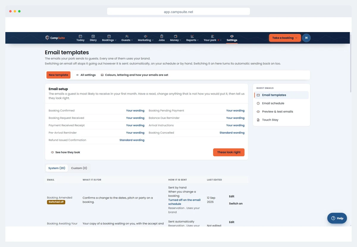 The Email templates screen in CampSuite, listing booking confirmed, balance due reminder, pre-arrival reminder, arrival instructions and the other emails a guest receives, each in your wording or the standard wording