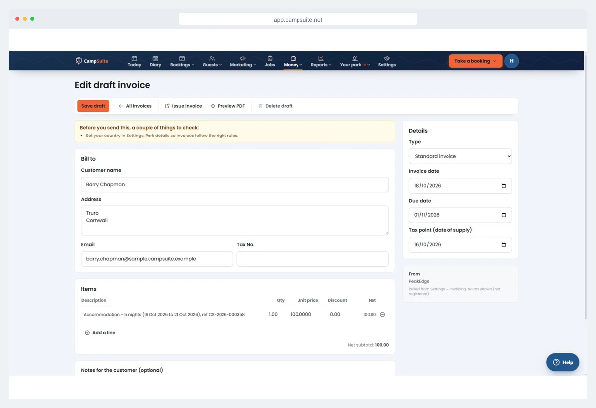 A draft invoice on a CampSuite booking, with the amount due and buttons to issue it or edit the lines
