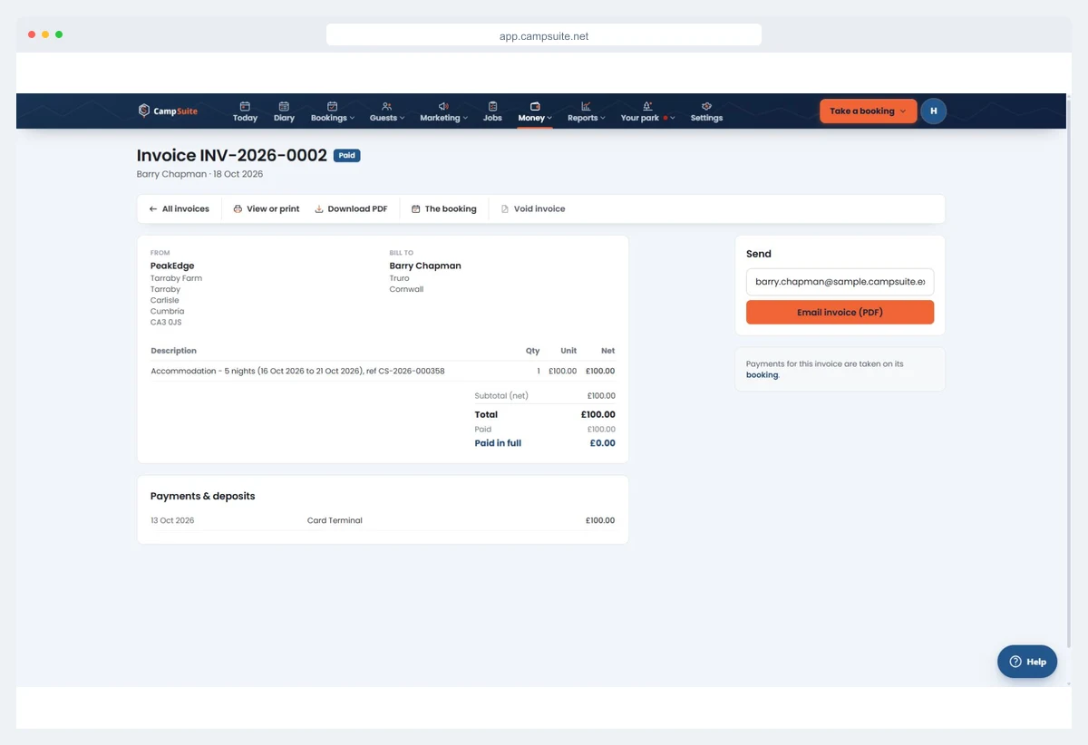 A sample CampSuite invoice showing the total, the payment recorded against it and the remaining balance