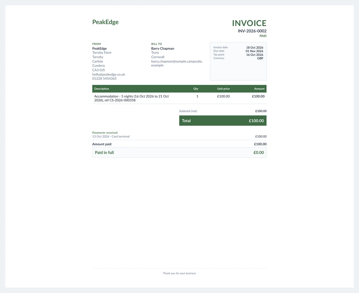 A CampSuite invoice showing separate line items for the pitch and additional charges