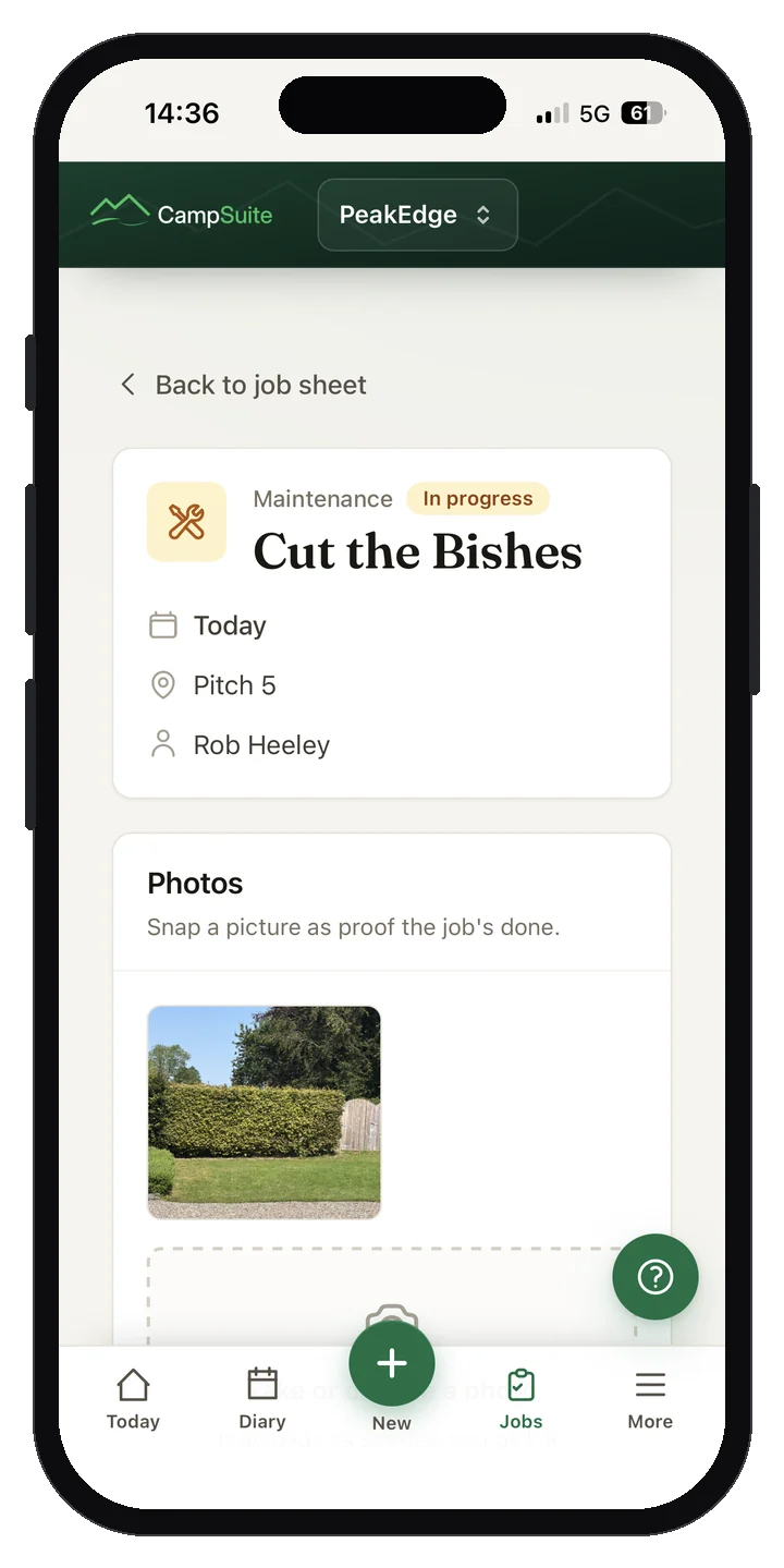 CampSuite™ job sheet on a phone, showing a maintenance task with photo proof of the work done