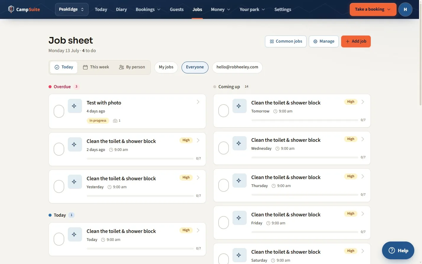 A CampSuite job sheet with tasks and checklists for turnaround day