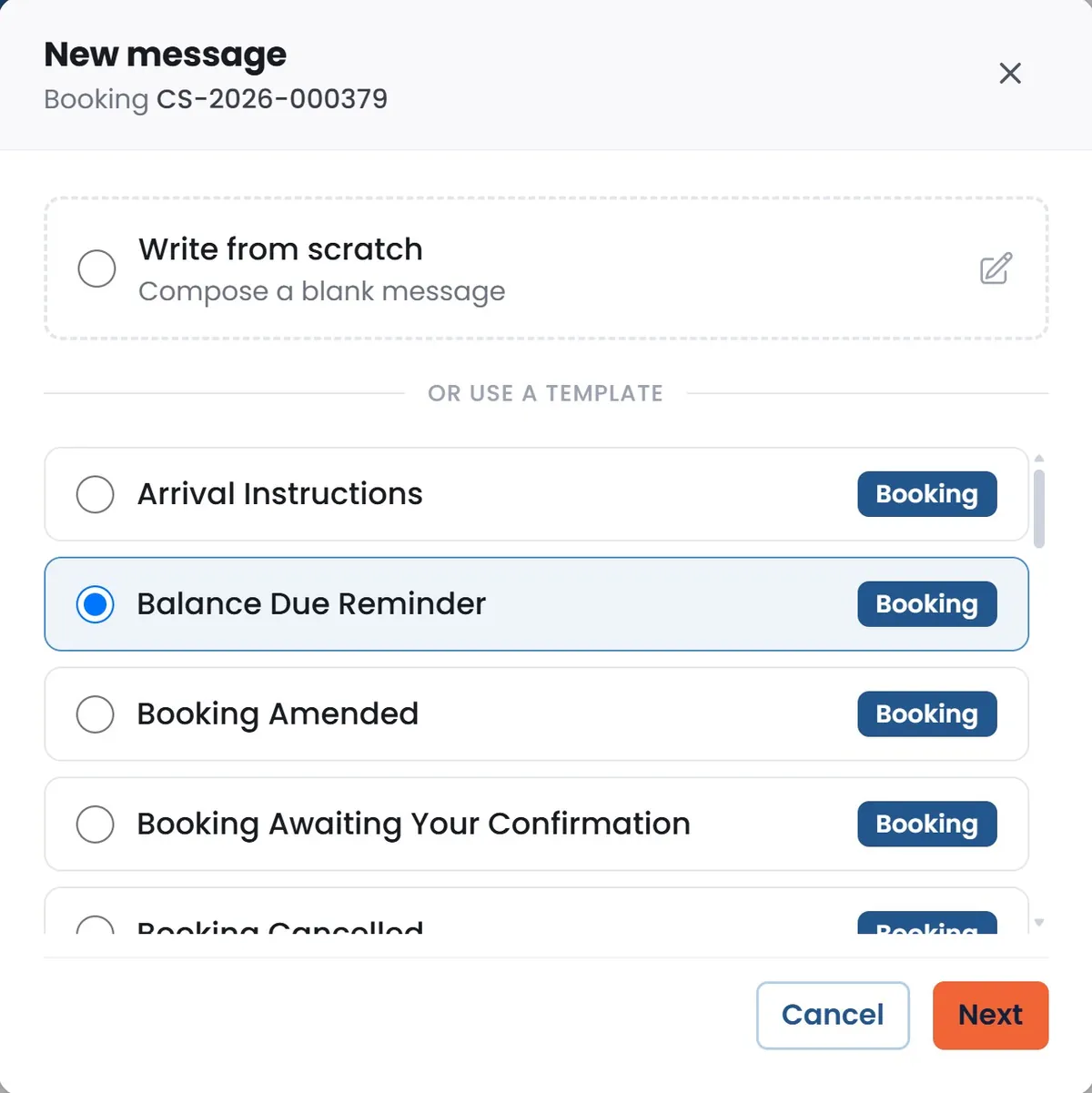 Sending a message from a booking in CampSuite: write one from scratch or start from a template such as arrival instructions or a balance due reminder