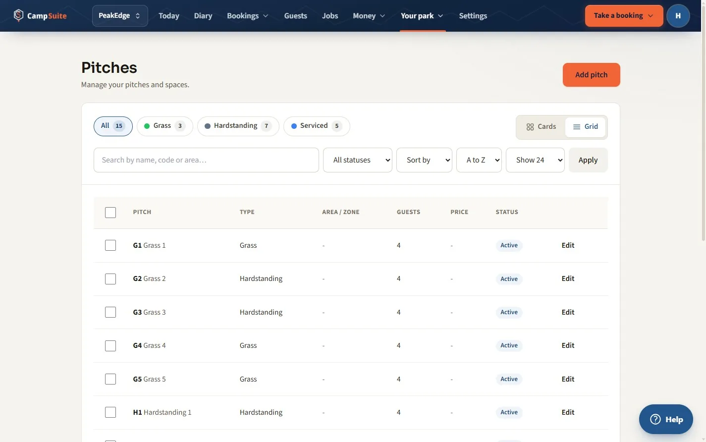 Managing pitch types, hook-ups and rules in CampSuite