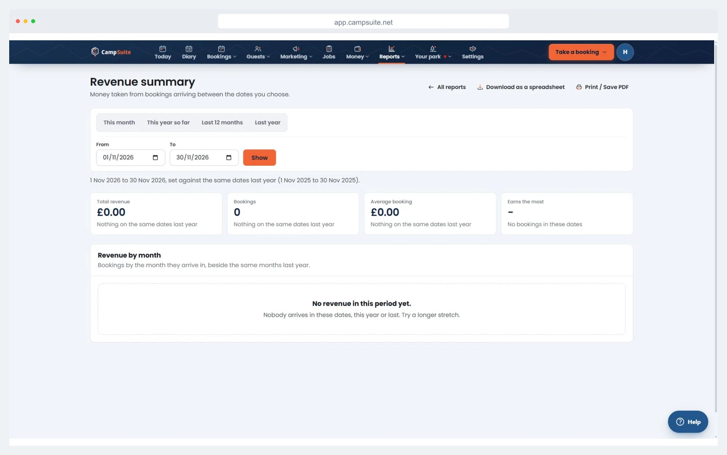 CampSuite Revenue summary with date filters and revenue, booking count and average booking metrics