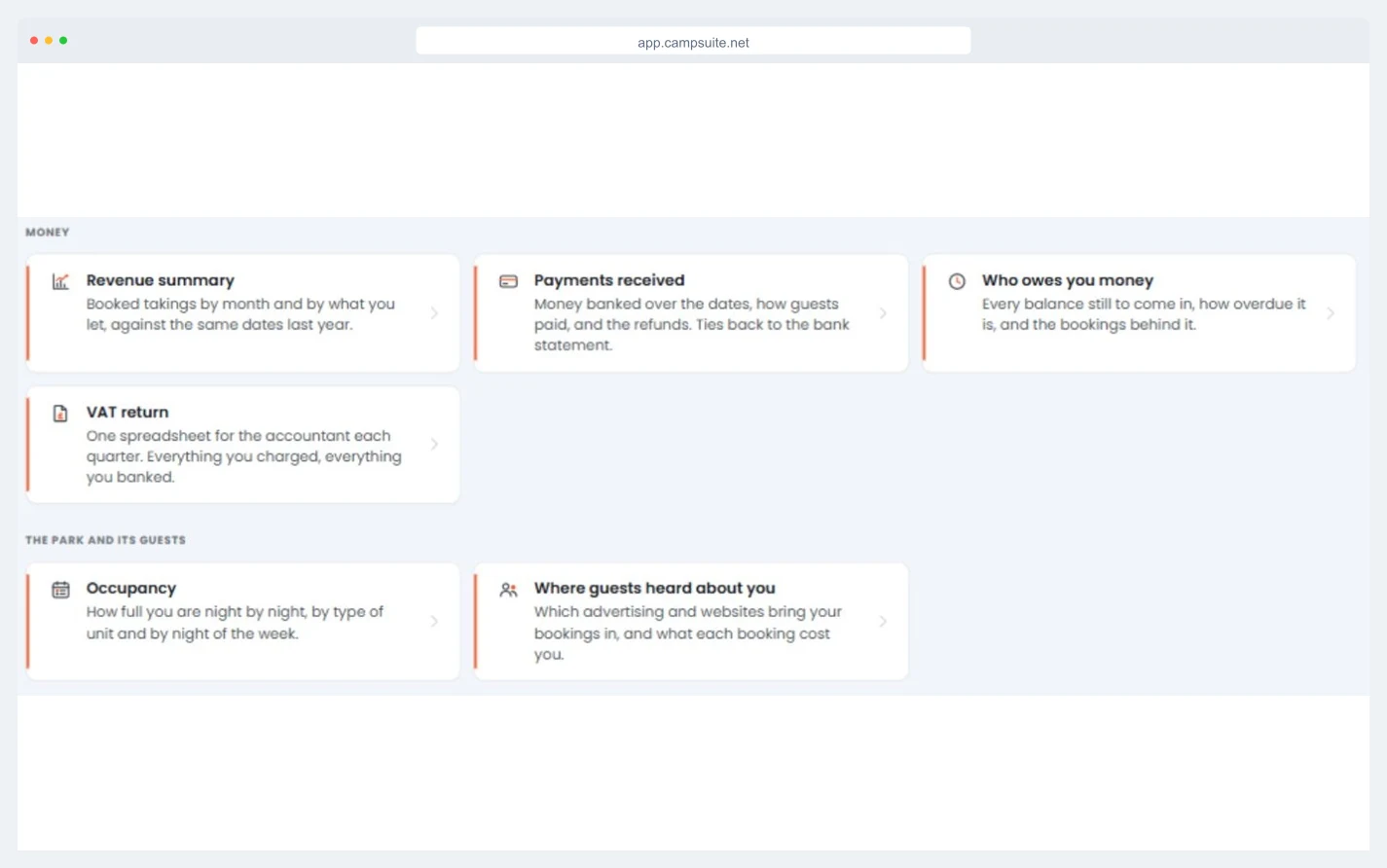 The CampSuite reports list showing revenue and occupancy reports