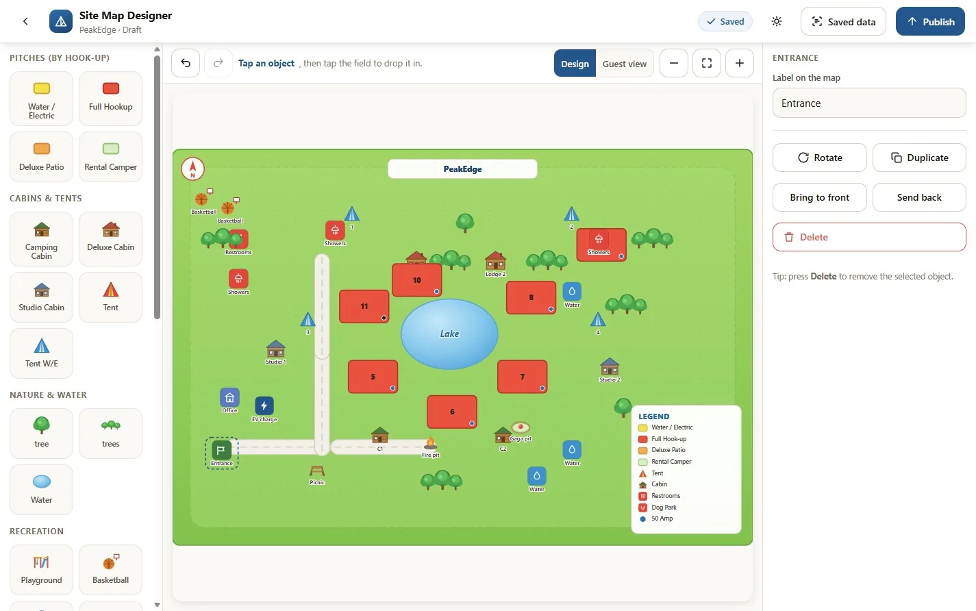 The CampSuite site map designer, showing a drag-and-drop park map with pitches, a lake, trees and a legend, plus an object palette and properties panel