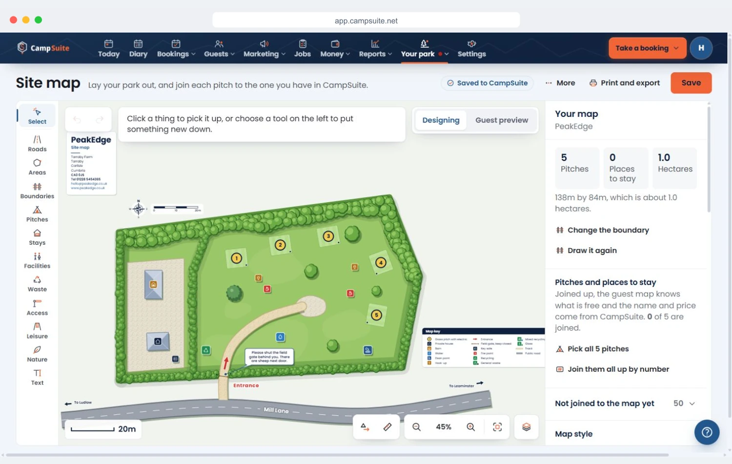 The current CampSuite map editor with numbered pitches, drawing tools and pitch linking controls