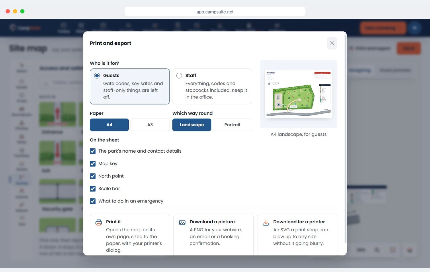 Current CampSuite print and export controls for guest and staff maps, paper sizes and image downloads