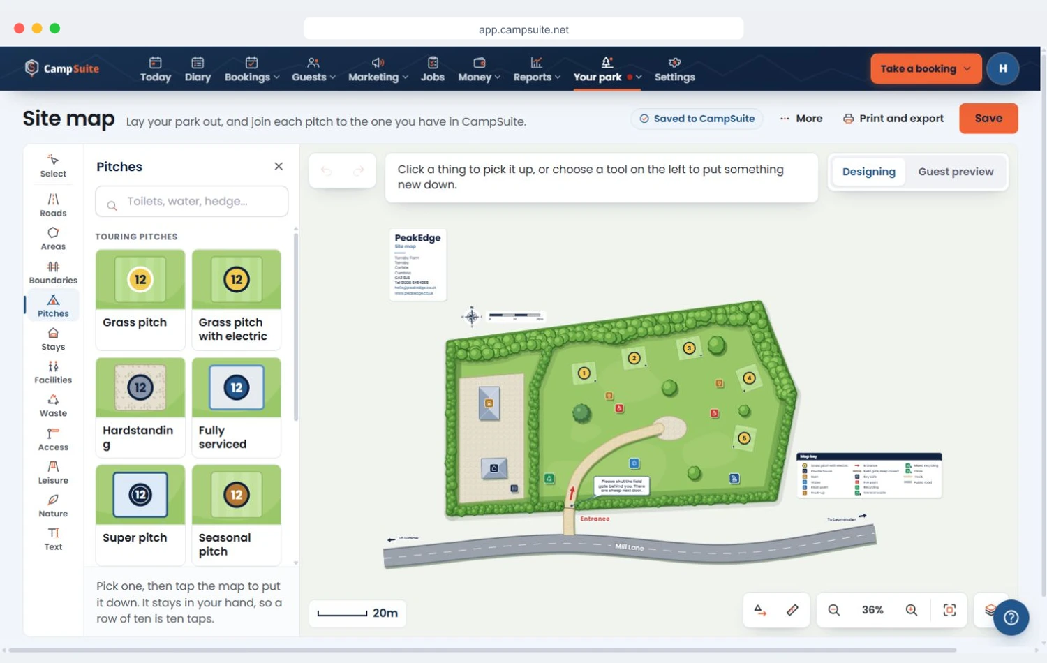 Current CampSuite map drawing tools with touring pitch choices beside the sample park map