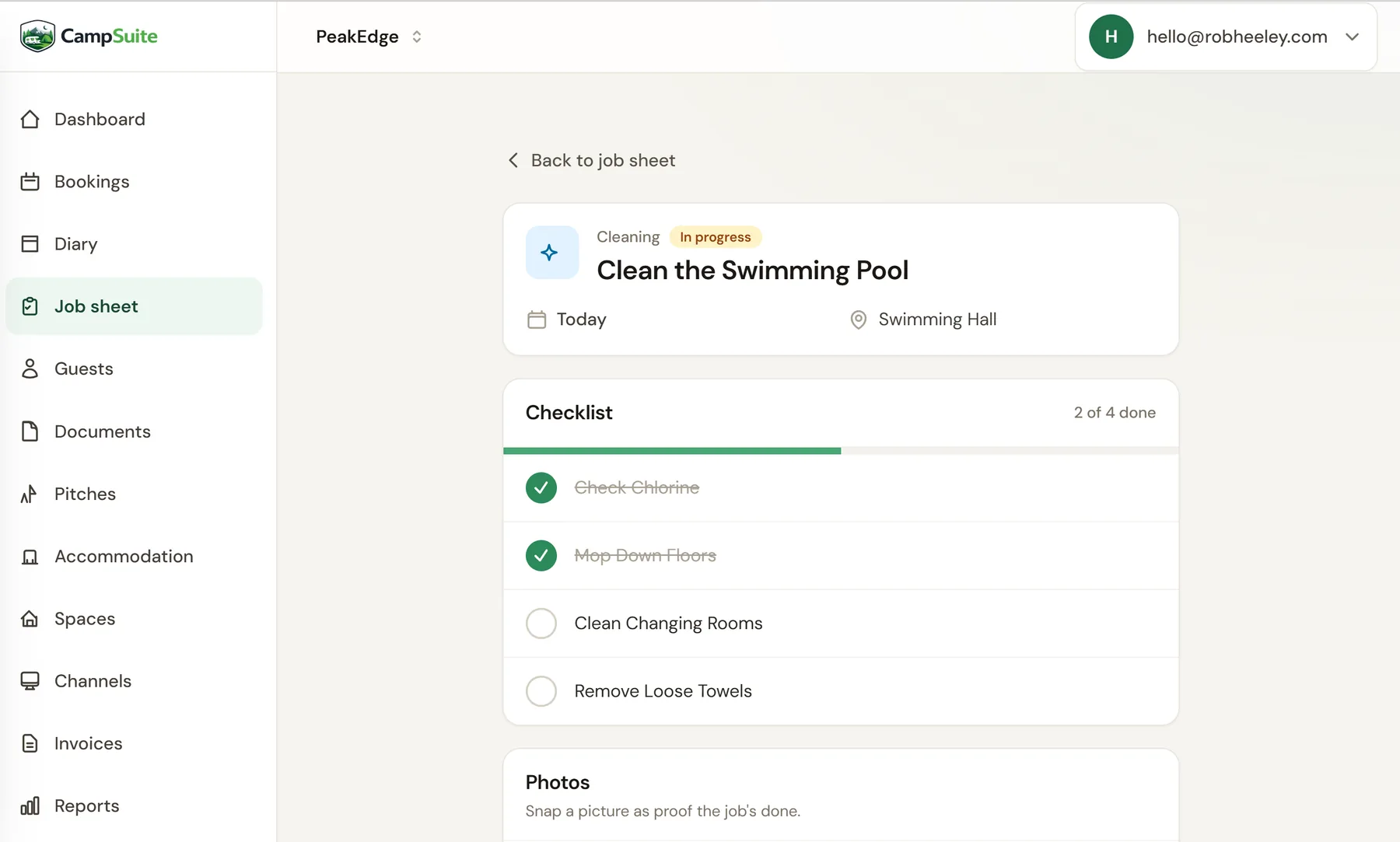 CampSuite job sheet task with a step-by-step checklist and photo proof