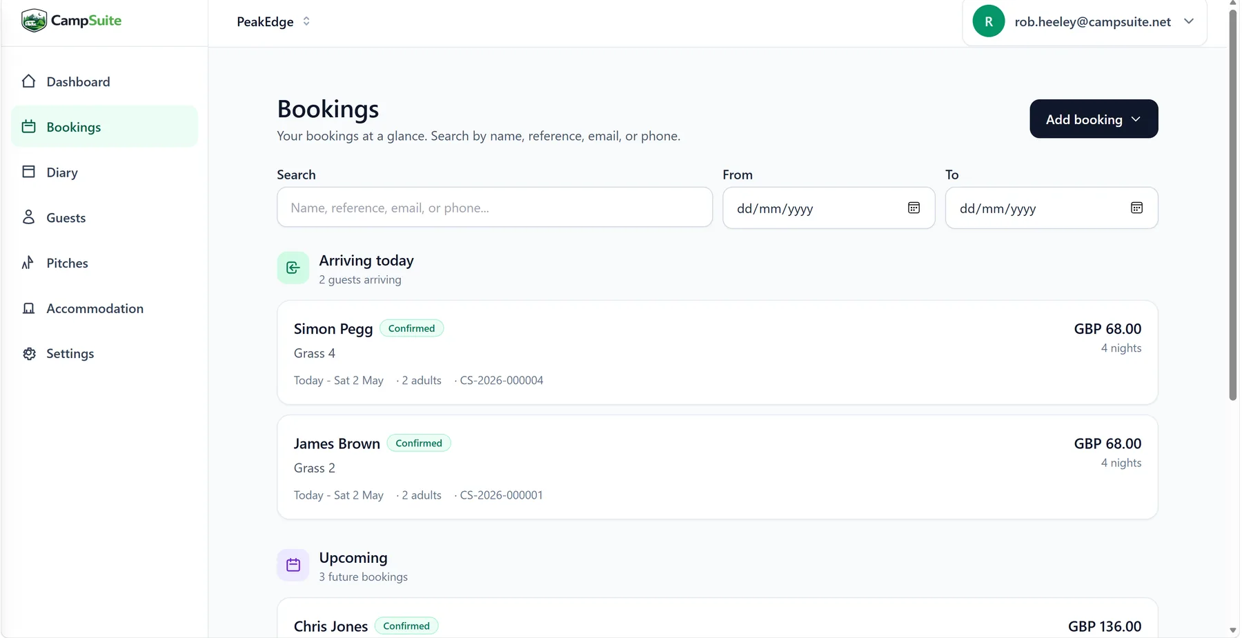 CampSuite bookings list showing arrivals, departures and on-site guests