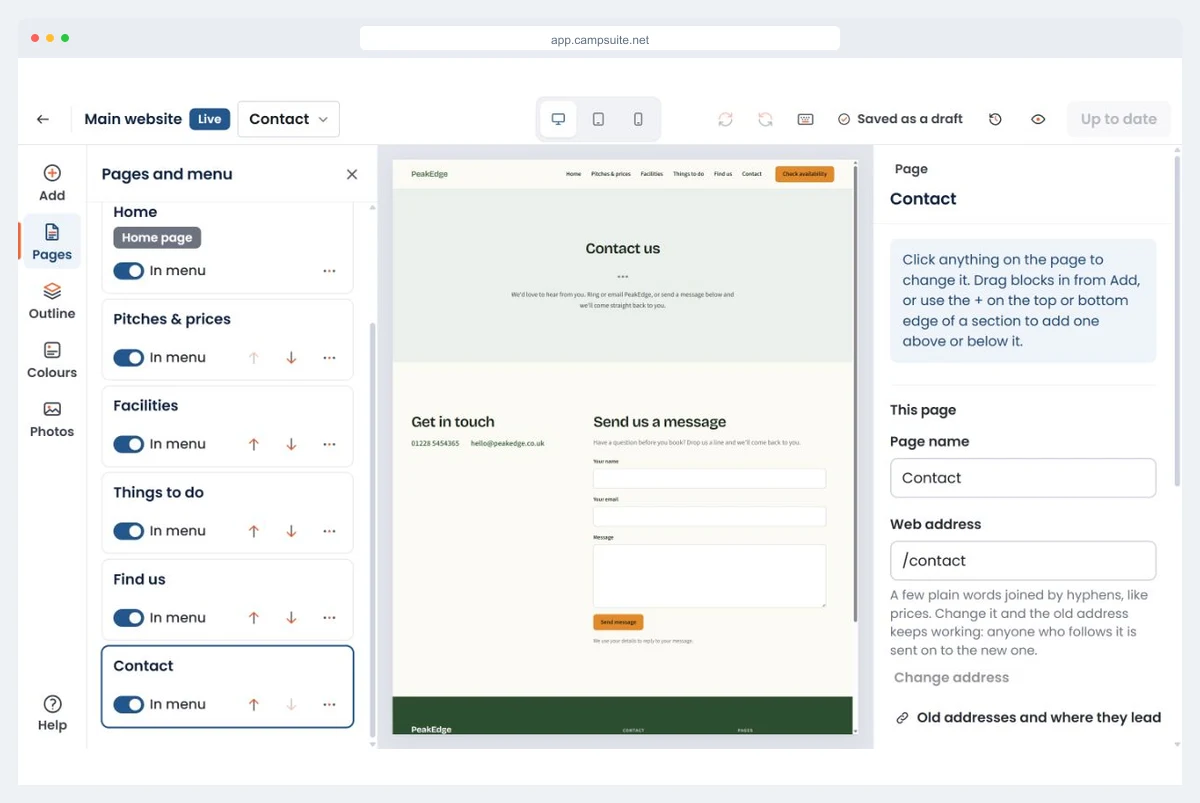 The Finding and contacting you blocks in the CampSuite website editor: map, find us, what3words, contact, contact form, newsletter sign-up and social links