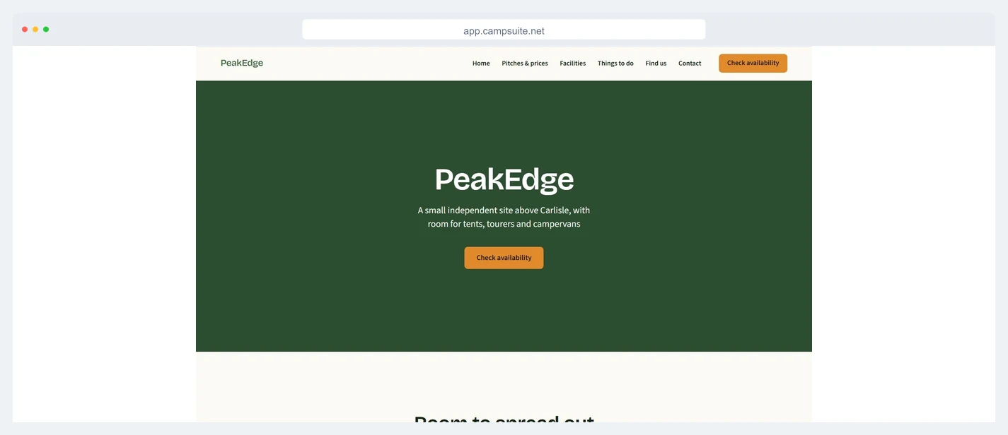 A campsite website preview inside the CampSuite website builder
